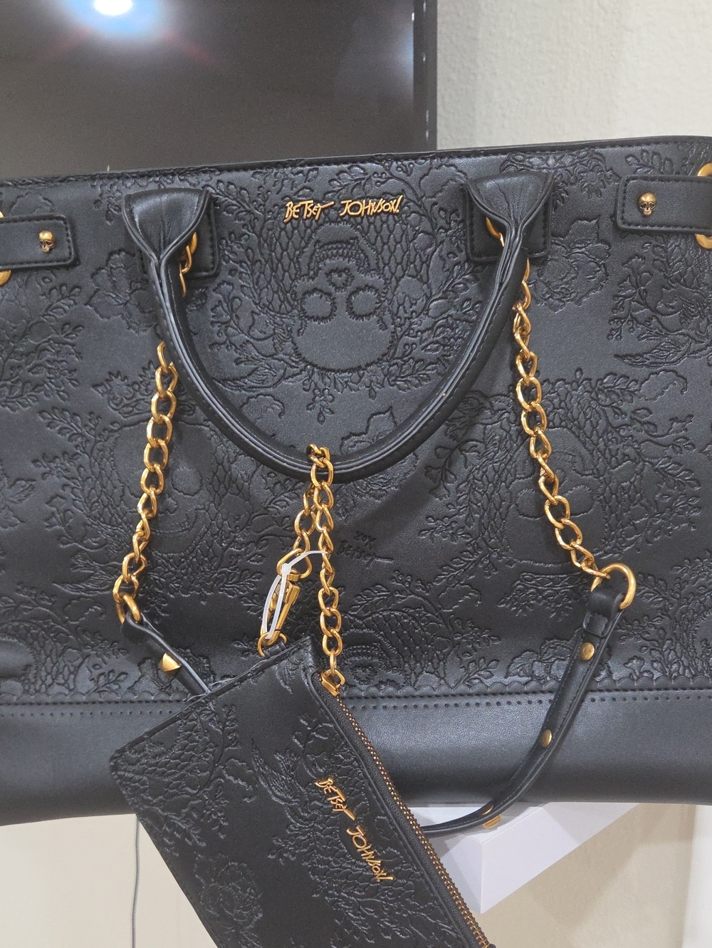Betsey Johnson Black Embossed Tote with Gold Chain Accents